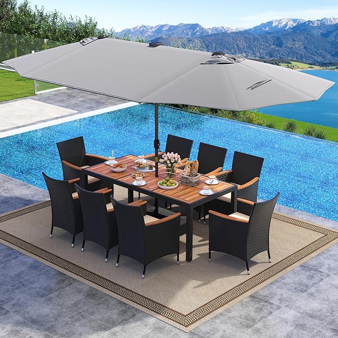 Tangkula 11 Pieces Patio Dining Set with Double-Sided Led Patio Umbrella (Base Included), with 8 Stackable Chairs, Acacia Wood Dining Table and Large Umbrella with Solar Lights (Grey + Off White)