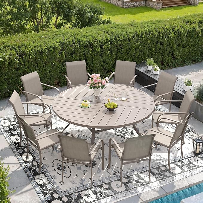 DIFY Patio Dining Set for 10, 11 Piece Outdoor Table and Chairs Set, 59.8" Round Metal Patio Dining Table and 10 Textilene Stackable Patio Chairs, for Backyard Garden Poolside, Sandshell
