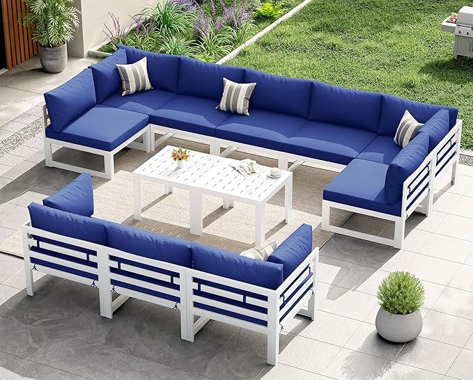 NICESOUL 12 Pcs Aluminum Patio Furniture Set for Large Groups, 500lbs Heavy Duty Outdoor Sectional Sofa with Coffee Table, L Shaped 29" Deep Wide Seating Conversation Couch for Garden Lawn, Navy Blue