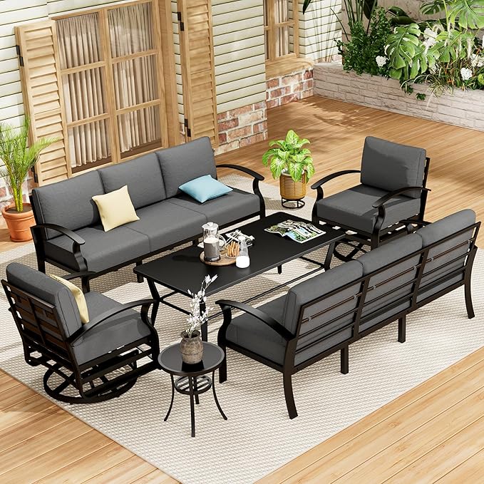 Aluminum Patio Furniture Set with Coffee Table,8 Seats Metal Modern Outdoor Furniture w/5.1" Thick Cushions,Patio Sectional w/Swivel Chairs for Patio,Backyard,Grey