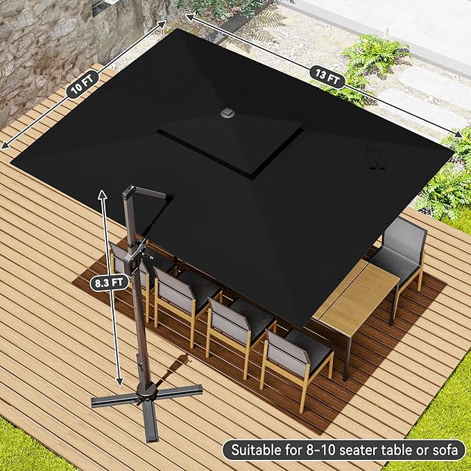 10x13 FT Cantilever Patio Umbrella with Led Lights Double Top Outdoor Rectangular Large Heavy Duty Aluminum Offset Umbrellas with 7 Level Tilt 360-degree Rotation for Pool Garden Deck, Black