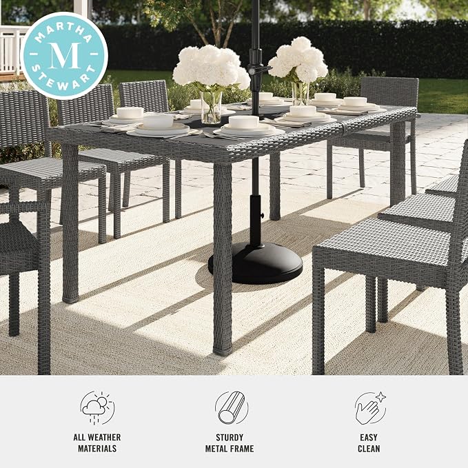 Martha Stewart Bedford 71" Indoor-Outdoor Patio Table with Faux Wood Top and Rattan Wicker Finish in Gray