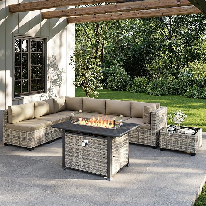 8-Piece Outdoor Patio Furniture Set with 55,000 BTU Fire Pit Table, PE Wicker Rattan Sectional Sofa Conversation Set - All-Weather Garden, Backyard Furniture, Beige