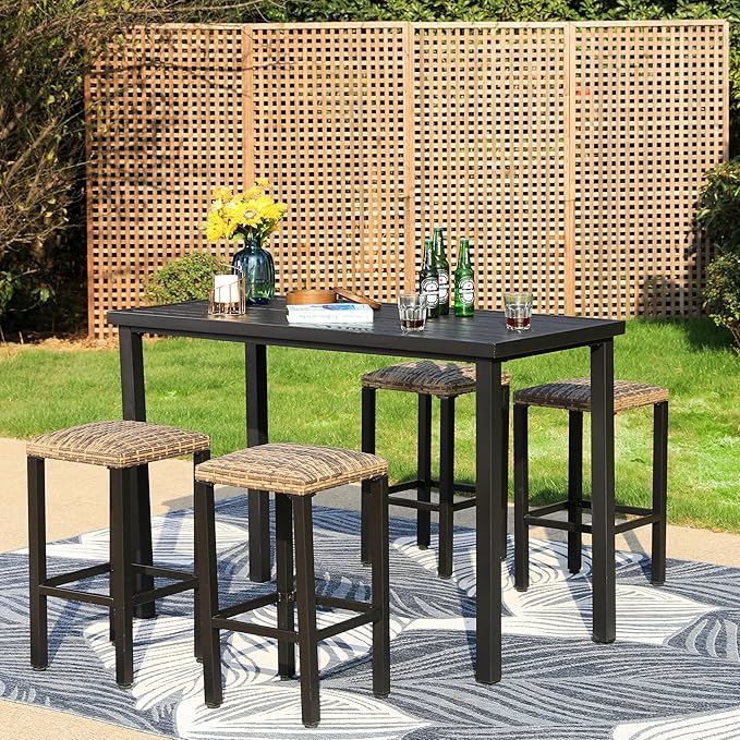 PHI VILLA Outdoor Tall Bar Table, 55”x27” Counter Height Dining Table with Wood-Like Metal Frame & Adjustable Feet, Black High Top Pub Cafe Table for Patio, Yard