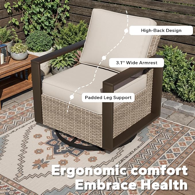 Joyside Outdoor Patio Swivel Rocker Chairs Set, 6 Pieces Wicker Rattan Chairs with Metal Wide Armrest, Thick Cushions and Deep Seating for Garden, Backyard, Porch, Deck