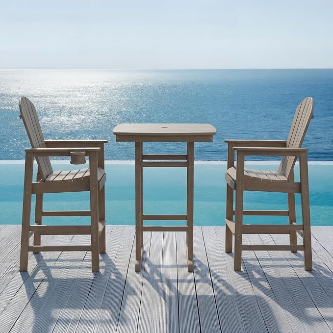 3-Piece HDPE Bar Height Table and Chairs Set, 42.1" Square High Top Pub Table with Umbrella Hole, 2 Adirondack Charis with Cup Holders, Outdoor Patio Dining Set for Bistro Backyard Deck Barnwood