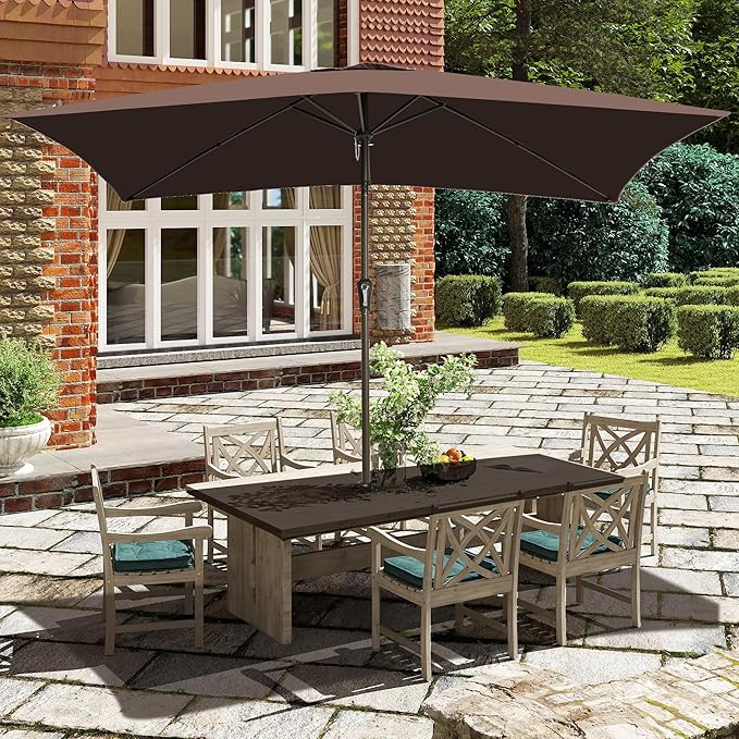Ayge 6.5x10FT Rectangular Patio Umbrella Outdoor Table Umbrella w/Push Button Tilt & Crank Rectangle Market Umbrella UV Protection for Garden,Deck,Lawn,Yard & Pool,Brown