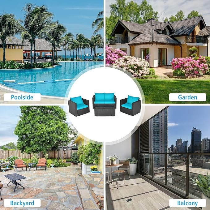 COSTWAY 4-Piece Patio Rattan Furniture Set, Cushioned Sofa Chair, Loveseat and Coffee Table with Tempered Glass Top, Outdoor Conversation Sets for Garden Poolside Balcony Porch (Turquoise)