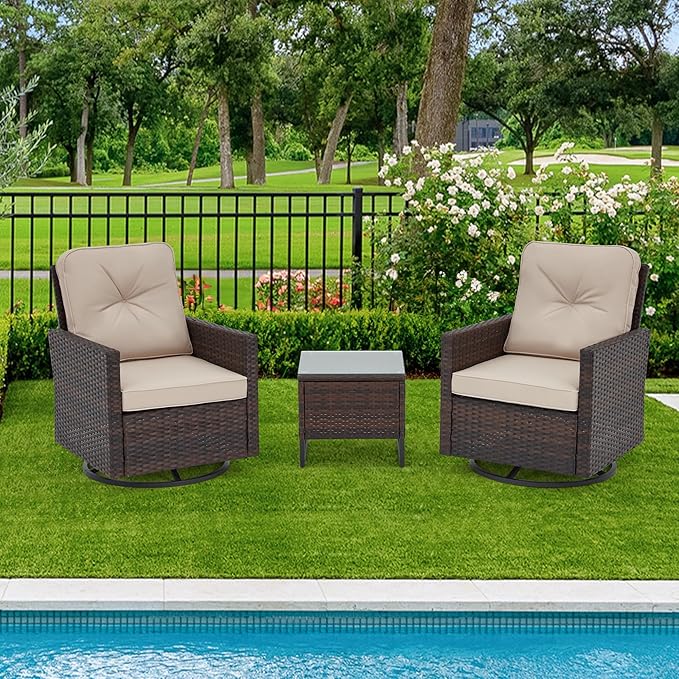 AVAWING 3 Pieces Patio Furniture Set, Wicker Swivel Rocking Chairs with Tempered Glass Side Table, Patio Conversation Set w/Waterproof Cushions for Garden, Balcony and Porch, Beige