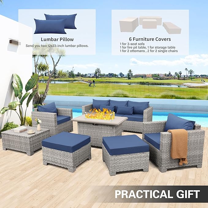 WAROOM Patio Furniture Set 6 Piece PE Rattan Outdoor Conversation Sets Grey Wicker Couch Sectional Sofa with Fire Pit Table and Navy Blue Cushion