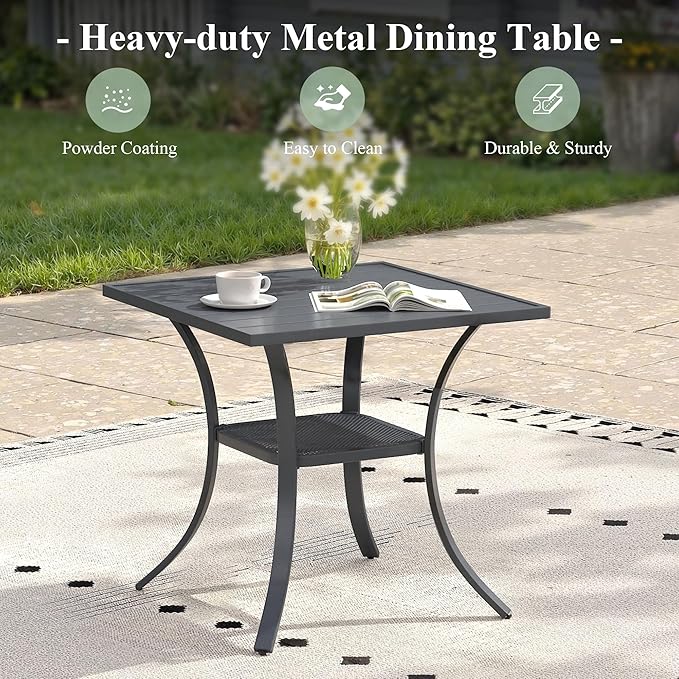 3 Pieces Outdoor Dining Set, Stackable Textilene Paito Chairs & 27.5" Square Dining Table with Shelf, Patio Dining Set for Backyard, Deck, Garden, Grey & Dark Grey