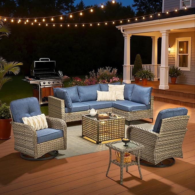Outdoor Patio Furniture Sets, 8 PCS Patio Conversation Set Outside Rattan Sectional Sofa with Wicker Rocking Chairs Coffee Table Soft Cushion Fit Backyard Porch Garden Poolside Balcony