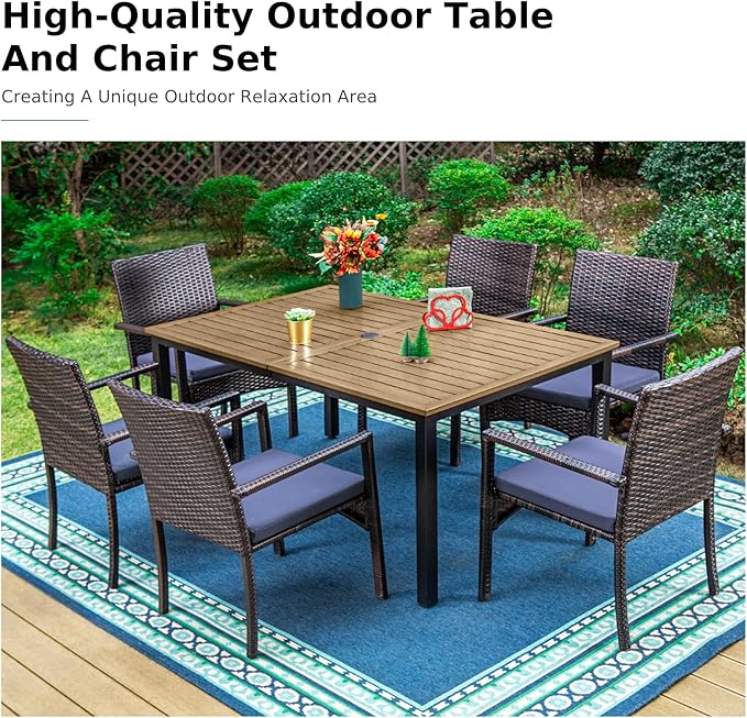 MFSTUDIO 7 Pieces Patio Dining Set for 6, 65” Wood-Like Metal Dining Table & Wicker Chairs, Outdoor Rattan Dining Furniture Set, Patio Rectangular Table and Chairs for 6, Deck, Backyard