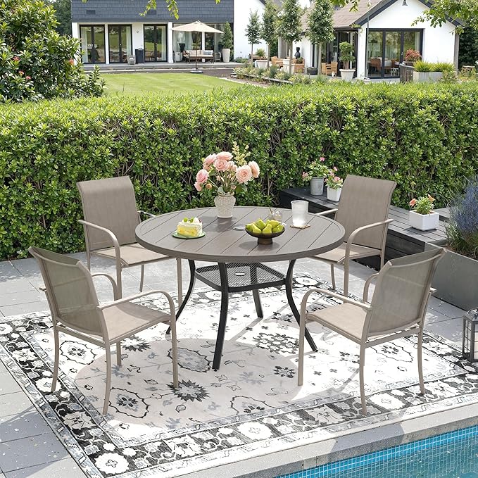 DIFY 5 Pieces Outdoor Patio Dining Set for 4, 40.6" Grey Wood-Like Round Dining Table and 4 Sandshell Stackable Sling Dining Chairs, Metal Outdoor Table and Chairs for Lawn Garden Backyard Deck