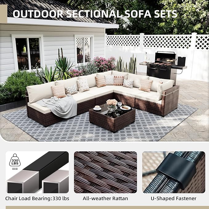 UPHA 7 Pieces Patio Furniture Sets, Wicker Outdoor Sectional Sofa Couch with Coffee Table, Patio Conversation Set for Deck Backyard Garden, Brown Rattan, White Cushion