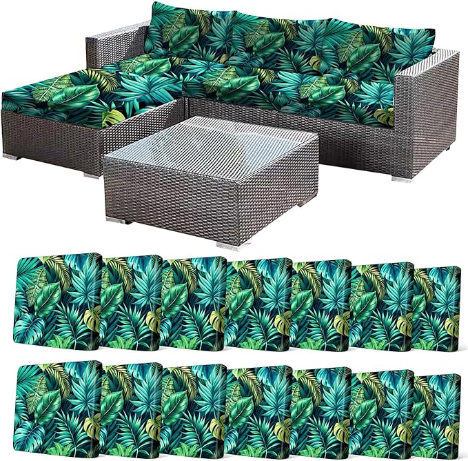 CALBODE 14 Pcs Stretch Outdoor Seat Cushion Covers, Washable Chair Seat Cover for Patio Furniture Cushions Soft Indoor and Outdoor Couch Cover Replacement (Green Tropical Leaves, Cover Only)