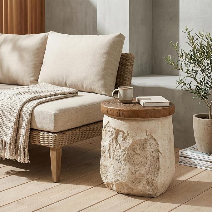 Elvira Outdoor Patio MGO Side Table, Stone-Effect Accent End Table with Faux Wood Grain Top, Beige Rustic Modern Side Stand for Balcony Garden Poolside Living Room Bedroom
