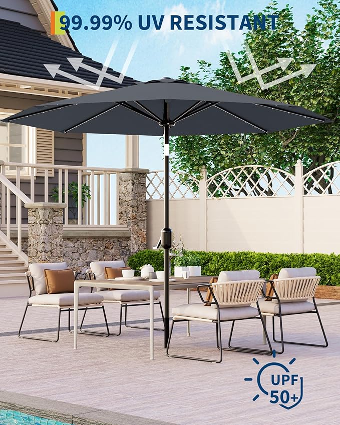GarveeLife 9 ft Patio Umbrella with Solar Lights, 8 Ribs Outdoor Market Table Umbrella with 32 LED Lights & Tilt Crank for Pool, Deck, Backyard, Gray