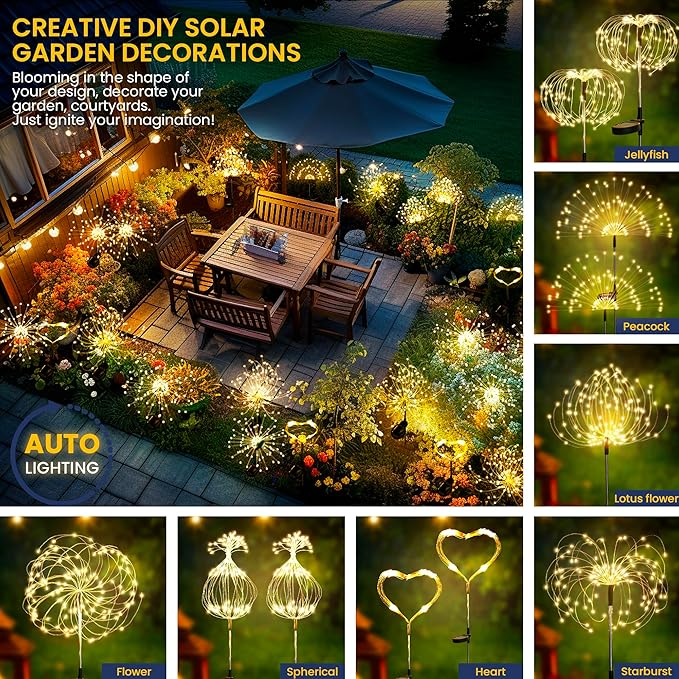 GIGALUMI Garden Decor Outdoor Lights 120LED 4Pack, Solar Garden Lights Outside Fairy Firework Decorative,Solar Powered for Yard Pathway Flowerbed Planter Balcony Patio 4th of July Decor (Warm White