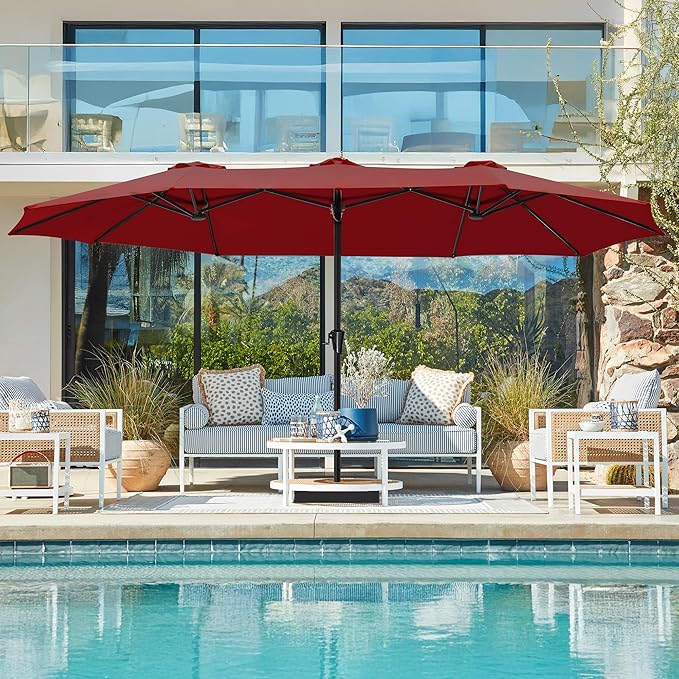 SUPERJARE 15FT Outdoor Patio Umbrella with Base Included, Double Sided Pool Umbrellas with Fade Resistant Canopy, Extra-Large Table Umbrella for Deck, Market, Backyard, Burgundy