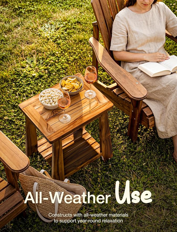 Tinamo Teak Storage Adirondack Side Table - 330LBS Capacity 2-Tier Wooden Outdoor Side Table, Patio Table for Patio, Garden, Lawn - Sturdy Wood Outdoor End Table - Assembly Required (Patent Pending)