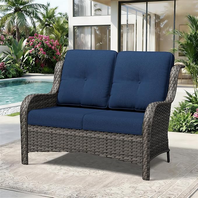 Wicker Patio Loveseat, 2 Seat Outdoor Couch with Thickened Olefin Cushions, High Back and Deep Seating, Hand-Woven PE Rattan for Porch, Deck, Balcony