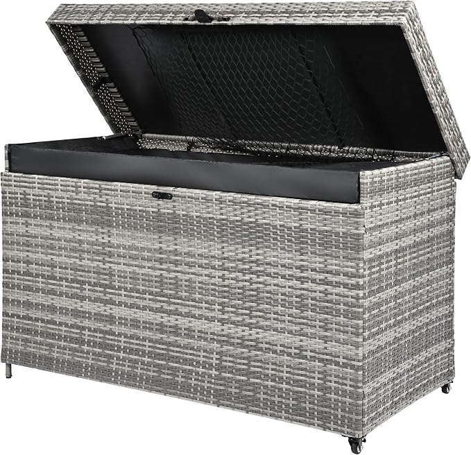 200 Gallon Wicker Deck Box with Wheels, All-Weather Outdoor Storage Box, Rattan Storage Bin for Patio Furniture, Outdoor Cushions, Pool Storage and Garden Tools - Grey