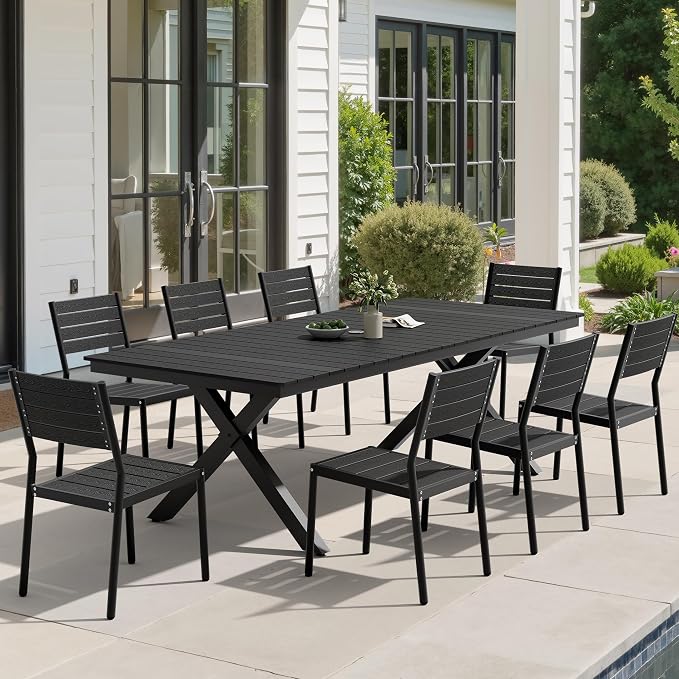 Pellebant Outdoor Dining Set for 8, 9 Pieces Aluminum Patio Table and Stackable Armless Chairs with Umbrella Hole & Wood-Like Top, Black