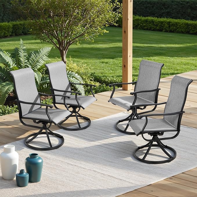 Crownland Outdoor Swivel Dining Chair Set of 4, All Weather 360° Swivel Rocking High Back Model Patio Dining Chairs, Textilene Fabric Wrought Iron Dining Chair Set for Backyard, Lawn, Garden(Grey)