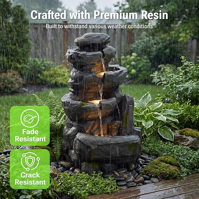 40-Inch Outdoor Water Fountain, 4-Tier Faux Stacked Rock Resin Waterfall Fountain with 3 Warm LED Light, Natural Stone Look, Home Art Decor for Garden, Patio, Backyard, Deck, Porch in Gray