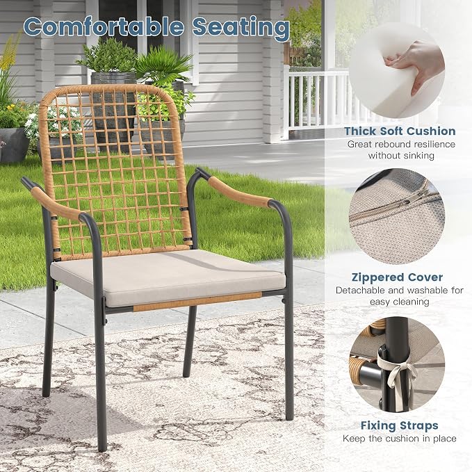 DIFY 11 Pieces Outdoor Dining Set, Metal Patio Table and Chairs Set for 10, 63" Round Dining Table with Umbrella Hole & Wicker Stackable Patio Chairs with Cushions, Black Tabletop