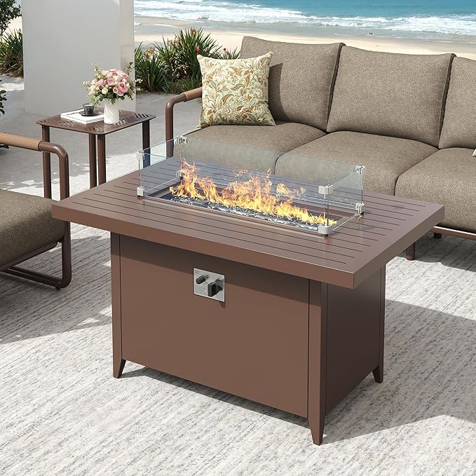 Outdoor Aluminum Patio Furniture Set, 5-Seats Patio Conversation Sofa Set with Oversized Fire Pit Table w/Glass Wind Guard, All Weather for Balcony, Garden-Brown