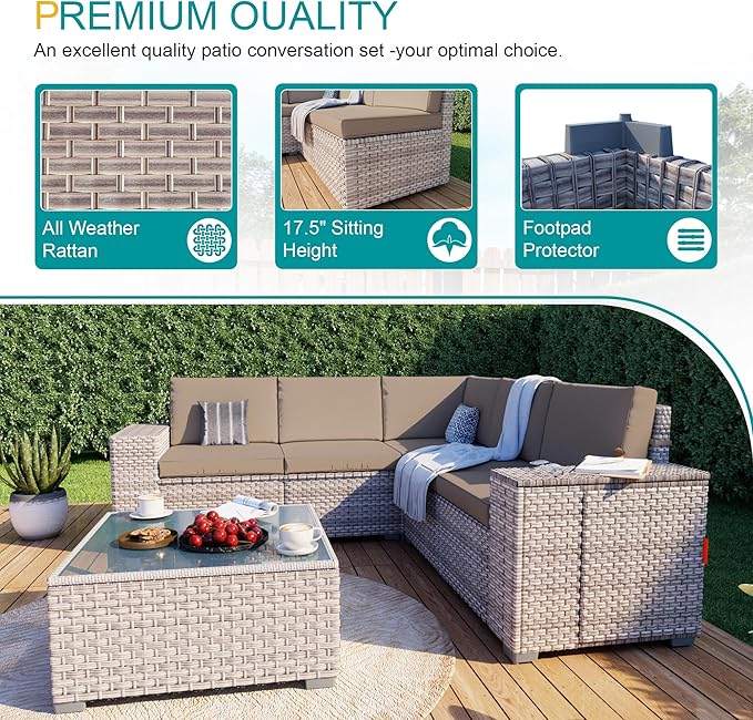 7-Piece Patio Furniture Set, Outdoor Extra Wide Armrest Modular Patio Sofa with Fire Pit Table, Dual-Strand Rattan Wicker High Back Large Seat Furniture for Backyard Porch Garden Balcony, Khaki