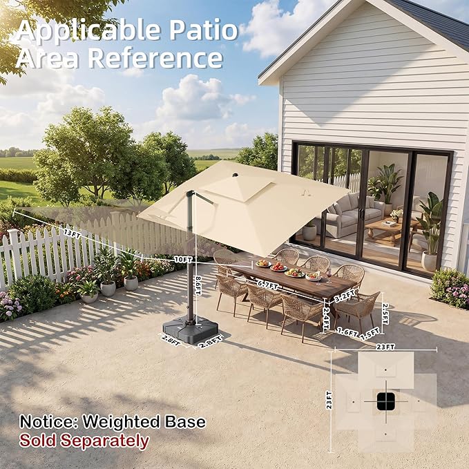 Deconk 10' X 13 'Patio Umbrella with LED Lights Outdoor Cantilever Large Rectangle Offset Umbrellas Heavy Duty Aluminum Double Top with 360-degree Rotation for Pool Garden Deck, Beige