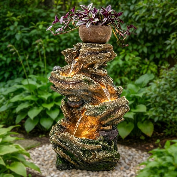 33" H Weathered Tree Trunk Water Fountain, Handcrafted 5-Tier Rustic Outdoor Water Feature with Relaxing Waterfalls, Warm LED Lights & Built-in Planters, Tranquil Oasis for Garden Yard Décor
