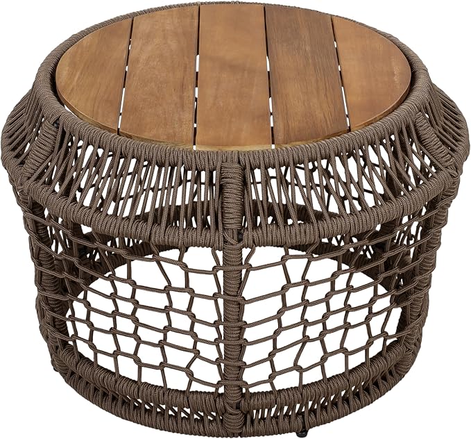 Outdoor Side Table with Grey Rope Frame, Patio Side Tables for Outside, Round Acacia Wood Outdoor End Table for Poolside Backyard Gazebo,No Assembly Required