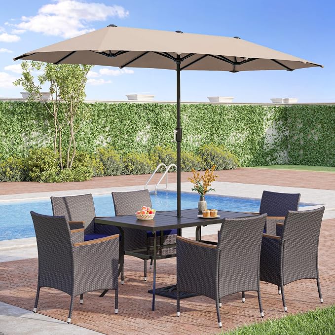 PHI VILLA 7pc Patio Dining Set w/Umbrella, Rectangular Table, Rattan Chairs | Outdoor Dining Set for 6, 60" Metal Table & 6 Cushioned Rattan Chairs with Beige Umbrella for Outdoor, Deck, Yard, Porch