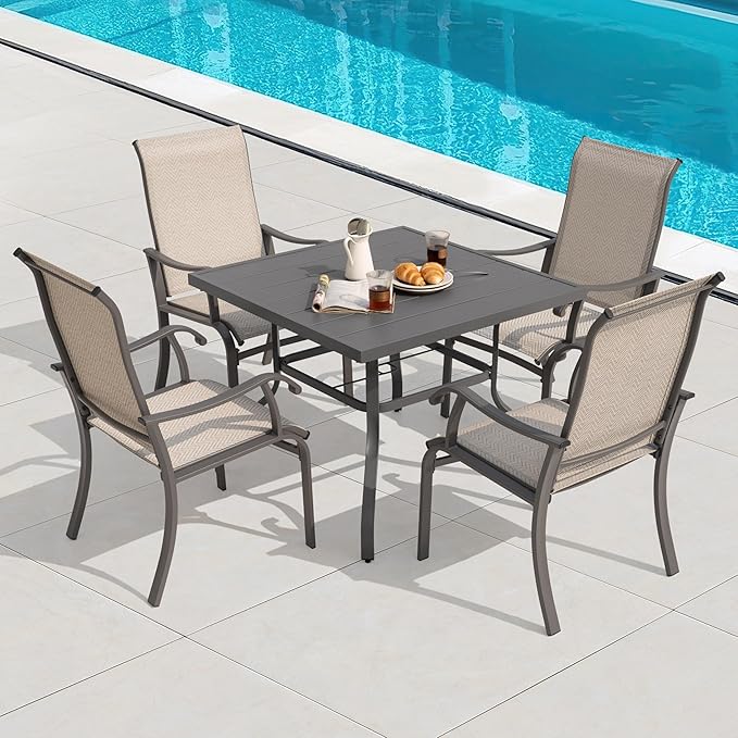 NUU GARDEN 5-Piece Outdoor Dining Set, 4 Textilene Patio Dining Chairs and 37'' Square Slatted Table with Umbrella Hole, Weather-Resistant Patio Furniture for Garden, Patio, Backyard, Beige