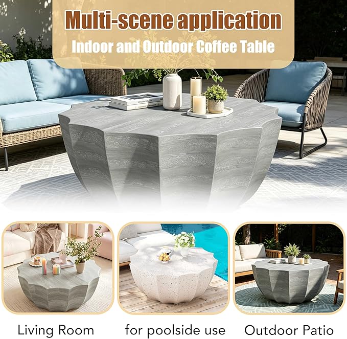 35.43" Round Outdoor Coffee Table, Durable MgO Cement Design – Waterproof for Patio, Garden & Living Room, Stylish & Low-Maintenance (Marble white-11-35.43")