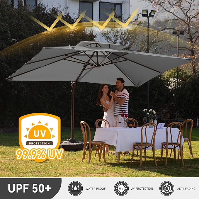 10 X 13 FT Cantilever Outdoor Patio Umbrella with Base Included Large Heavy Duty 360° Rotation Double Top Offset Rectangular Umbrellas with LED Lights for Backyard Outside Deck, Grey