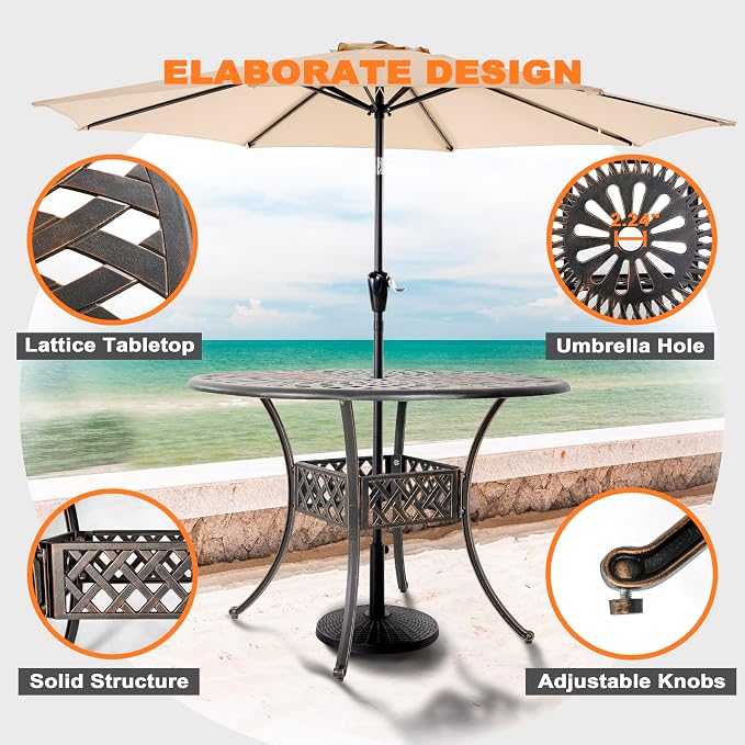 NUU GARDEN Cast Aluminum Outdoor Round Dining Table 42 Inch Patio Table with 2.24 Inch Umbrella Hole for Garden Backyard Balcony Black with Gold-Painted Edges