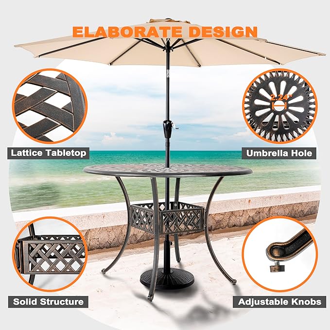 NUU GARDEN Outdoor 5-Piece Patio Dining Set, 4 Patio Chairs and 42'' Round Dining Table with 2.24" Umbrella Hole, Cast Aluminum Frame, for Patio, Deck, Garden, Backyard, Balcony, Antique Bronze