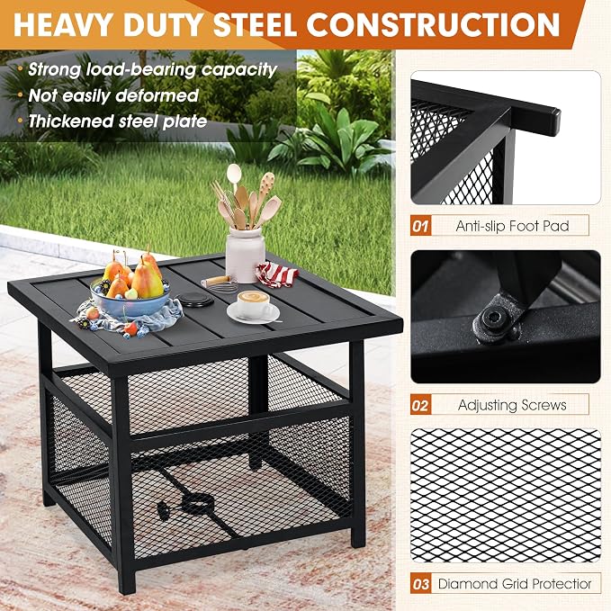 SUNCROWN Outdoor Patio Side Table with 1.57" Umbrella Hole, Patio Bistro Square Table, Garden Furniture Deck Pool Table