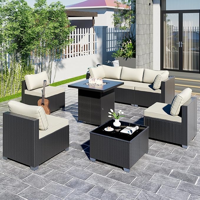 8-Piece Outdoor Patio Sectional Sofa Set with Fire Pit Table – PE Wicker Rattan Modular Conversation Furniture, Cushions & Clips Included – Patio Couch for Porch, Backyard, Poolside, Garden