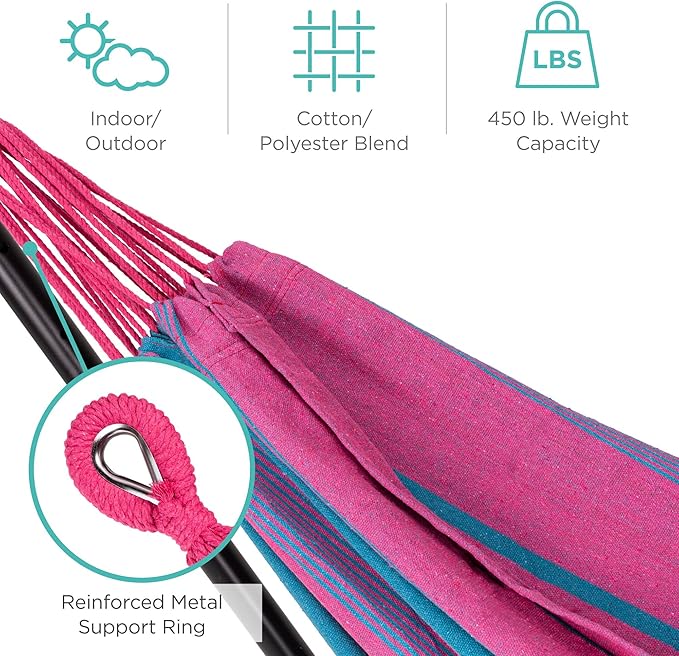 2-Person Brazilian-Style Cotton Double Hammock with Space-Saving Steel Stand Set and Portable Carrying Bag, 450-Pound Capacity (Aster)