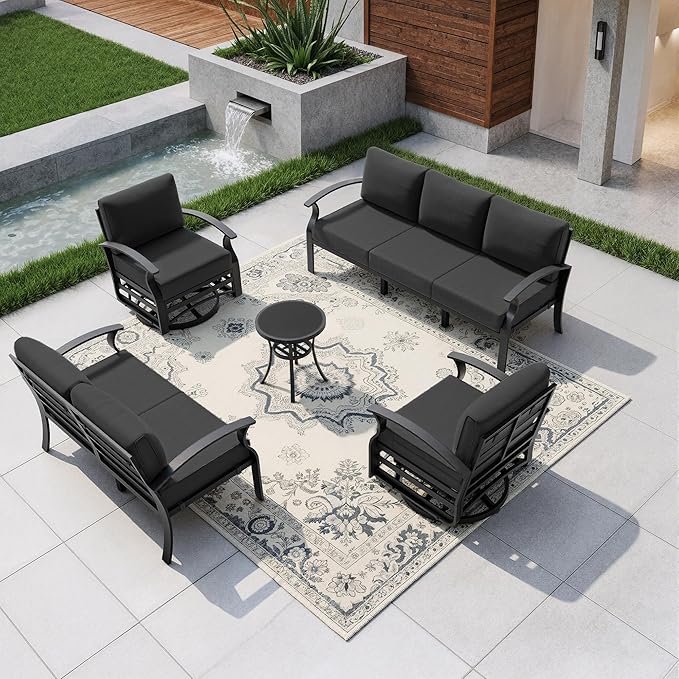 Kullavik Aluminum Patio Furniture Set,5 Pieces 7 Seat Metal Outdoor Furniture Conversation Set w/5.1" Cushions,Swivel Rocking Chairs Set,Black