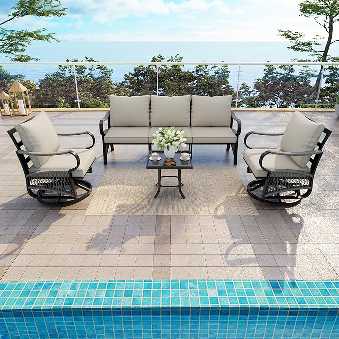 4 Pieces Outdoor Furniture Set, Patio Conversation Set with Swivel Rocking Chairs Sets and 3-Seater Couch Sofa for Deck, Porch, Garden, Backyard, Poolside (Beige Cushions)