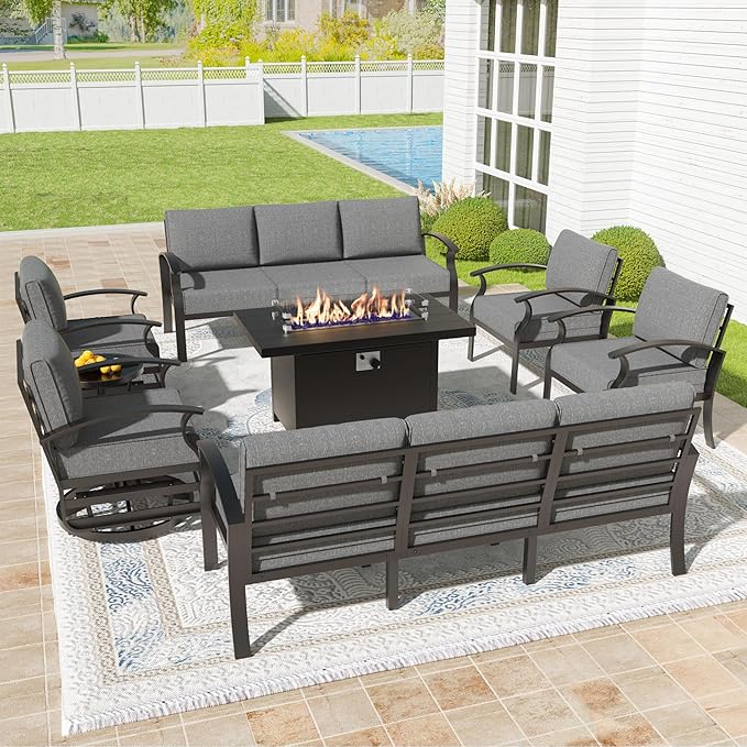 Kullavik Aluminum Patio Furniture Set,8 Pieces 10 Seat Metal Outdoor Furniture Conversation Set w/45 Propane Gas Fire Pit,Swivel Rocking Chairs Set,Grey