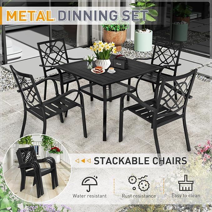 SUNCROWN 6-Piece Outdoor Wrought Iron Chairs and Table Patio Dining Furniture Set - 4 Stackable Metal Chairs, 1 Steel Slat Bistro Table and 1 Sky Blue 9Ft Patio Umbrella for Garden Backyard Deck