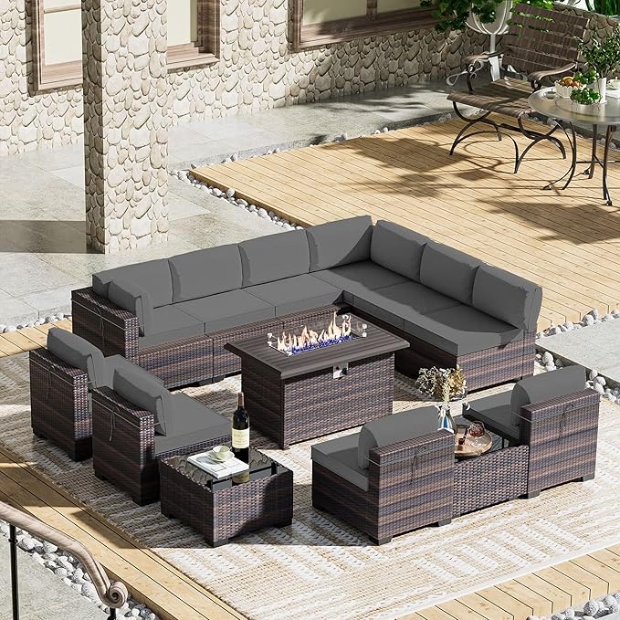 13 Pieces Outdoor Patio Furniture Set,Outdoor Sectional Furniture with 43" 55000 BTU Gas Propane Fire Pit Table,PE Rattan Wicker Patio Conversation Set with 10 Thickened Cushions,Grey